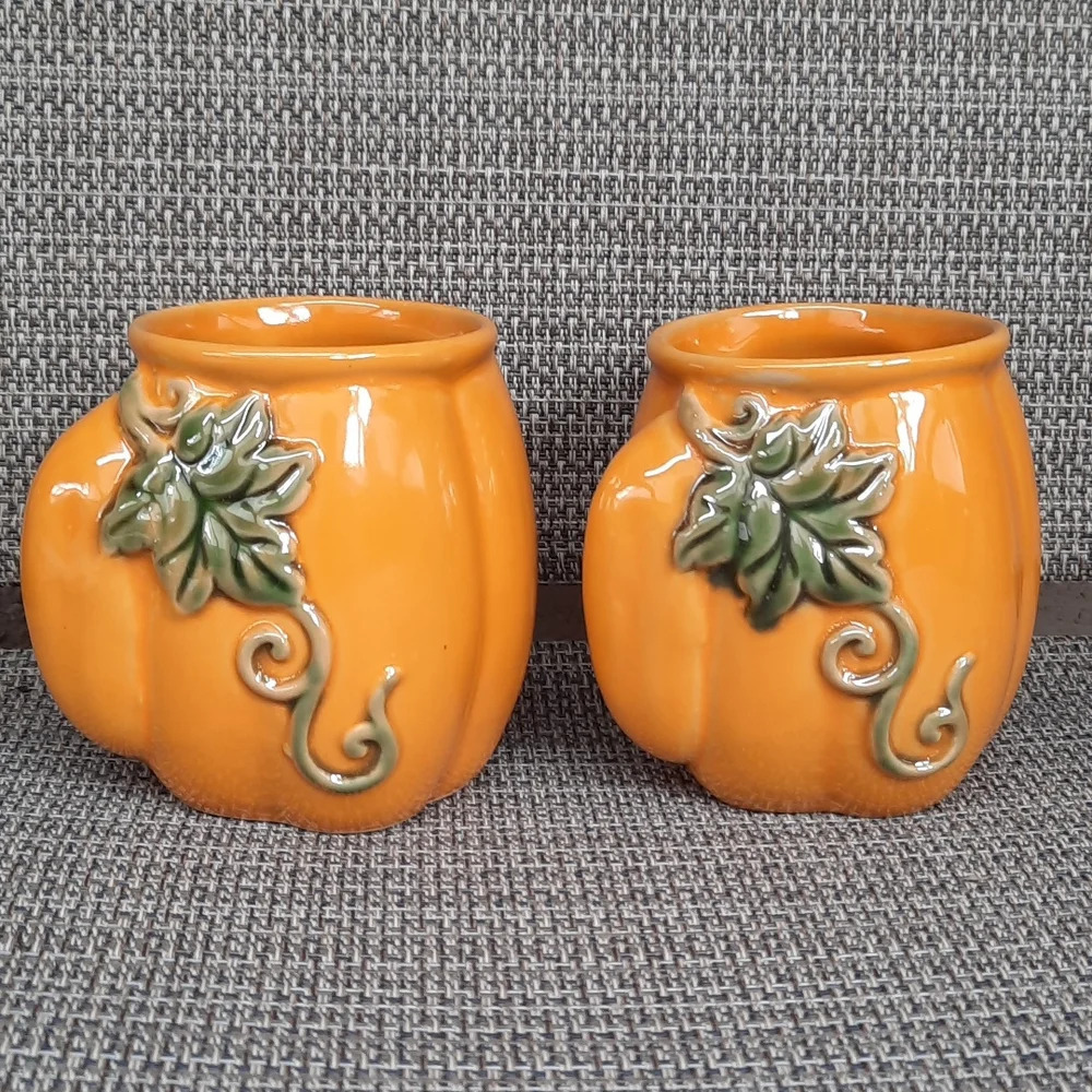 Giftcraft Thanksgiving Pumpkin Hand Warmer Ceramic Mugs  12oz  Set of 2